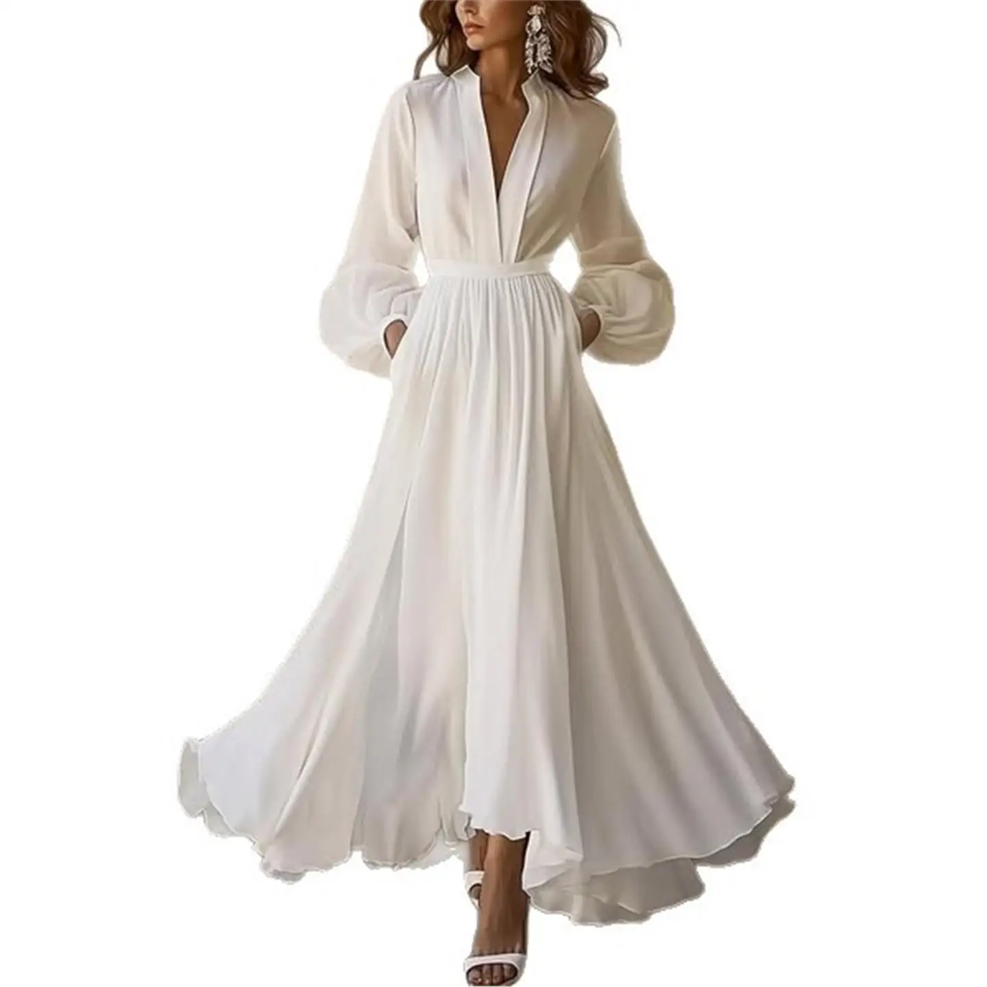 Gonna lunga casual europea a vita alta con cintura a pieghe in puro colore Sve V-Ne per donne di mezza età