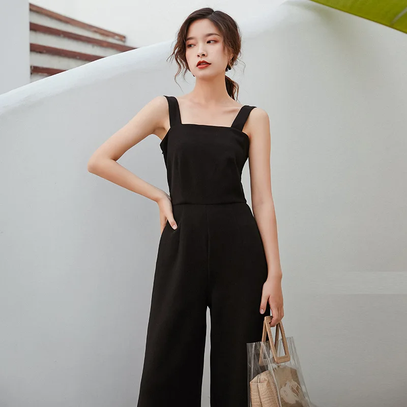 Overall Damen Herbst Schwarz Hohe Taille Breites Bein Rückenfrei Temperament Overall Lose Gerade Overalls