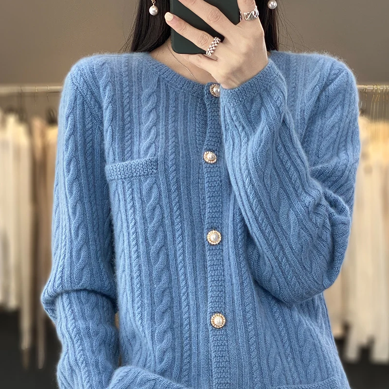 

Spring 2023 new O-neck 100% wool cardigan women's solid color loose twisted knit sweater wool high-end fashion retro coat