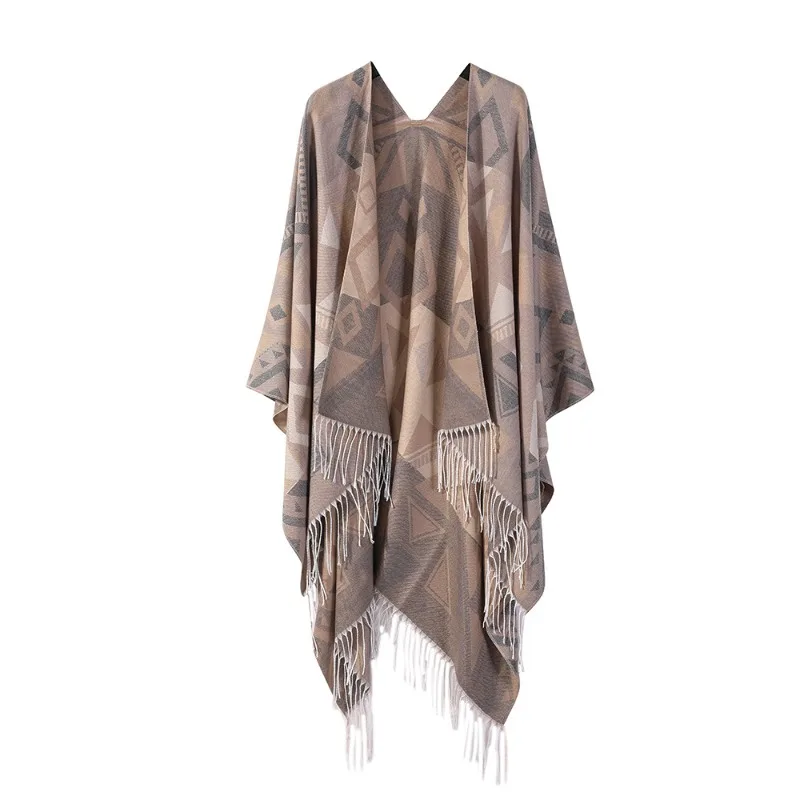 Split Style Shawl Top Imitation Cashmere Cloak Thickened Warm Cloak Geometric Fringe Scarf Fashionable Autumn Winter New