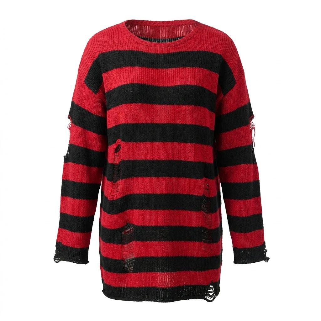 Damen Rot-Schwarz Gestreifter Distressed Strickpullover Rundhals Langarm Locker Sitzender Grunge Streetwear Pullover