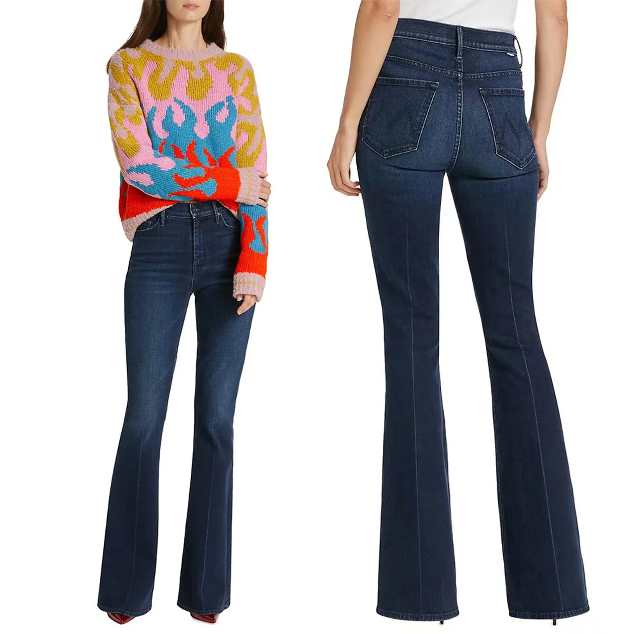 

A 2024 early spring new high waisted deep blue midline slim fit and slim fit large horn denim women's pants MO508