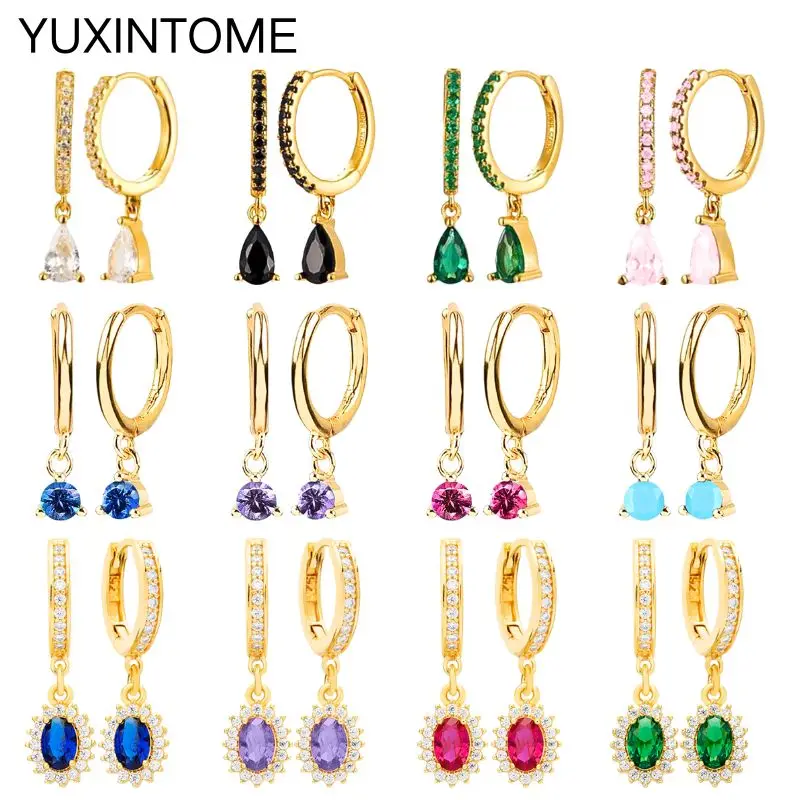 

925 Sterling Silver Needle Water Drop/Round Pendant Earrings Luxury Colorful Zircon Geometric Earrings for Women Fashion Jewelry