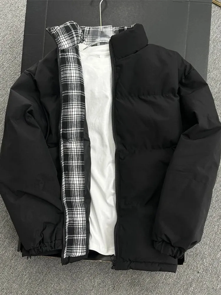 Black Puffer Jacket Men's Winter Thickened Bread Style Stand Collar Outerwear Unisex Plaid Splicing Cleanfit Casual Style