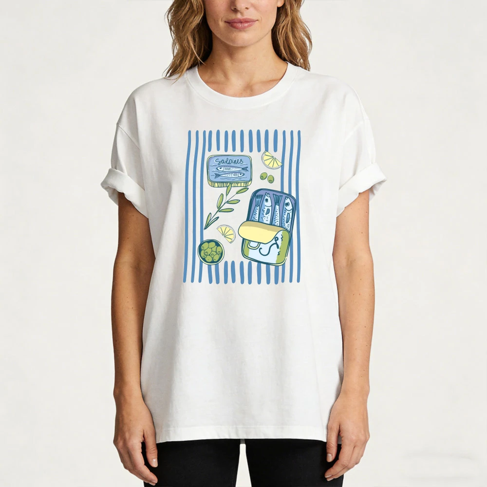 Retro Sardine Tin Graphic T-Shirt Coastal Food Graphic Tee Mediterranean Seafood TShirt Summer Women Fashion Casual Cotton Tops