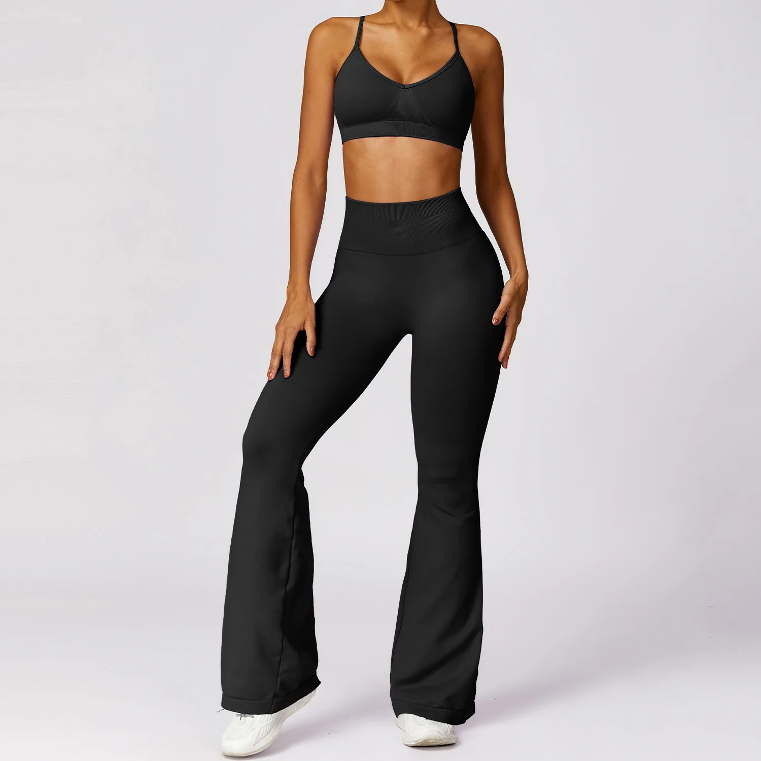 

MODITIN Women Yoga Set High Waist Push Up Tight Pants Flare Leg Simple Chic Gathered Bra Tops 2pcs Set Gym Clothes Workout Wear