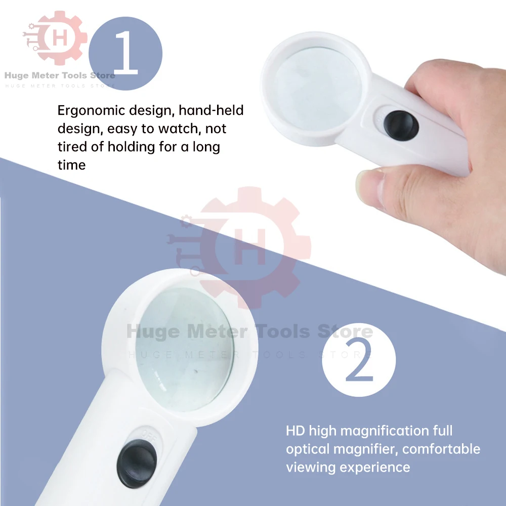 PortableI lluminated Magnifier 15X Handheld Magnifying Glass Lens with 2 LED Light Aid Reading for Seniors Loupe Jewelry Repair