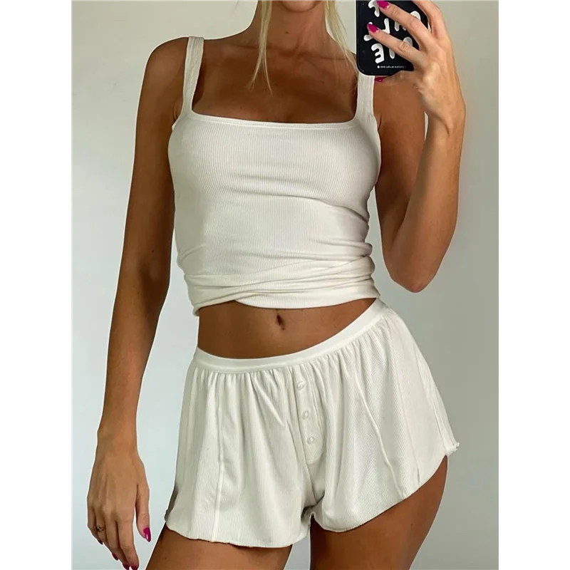 Conjunto feminino de verão para salão, regata curta de malha canelada e conjuntos curtos com bolso, roupas de férias