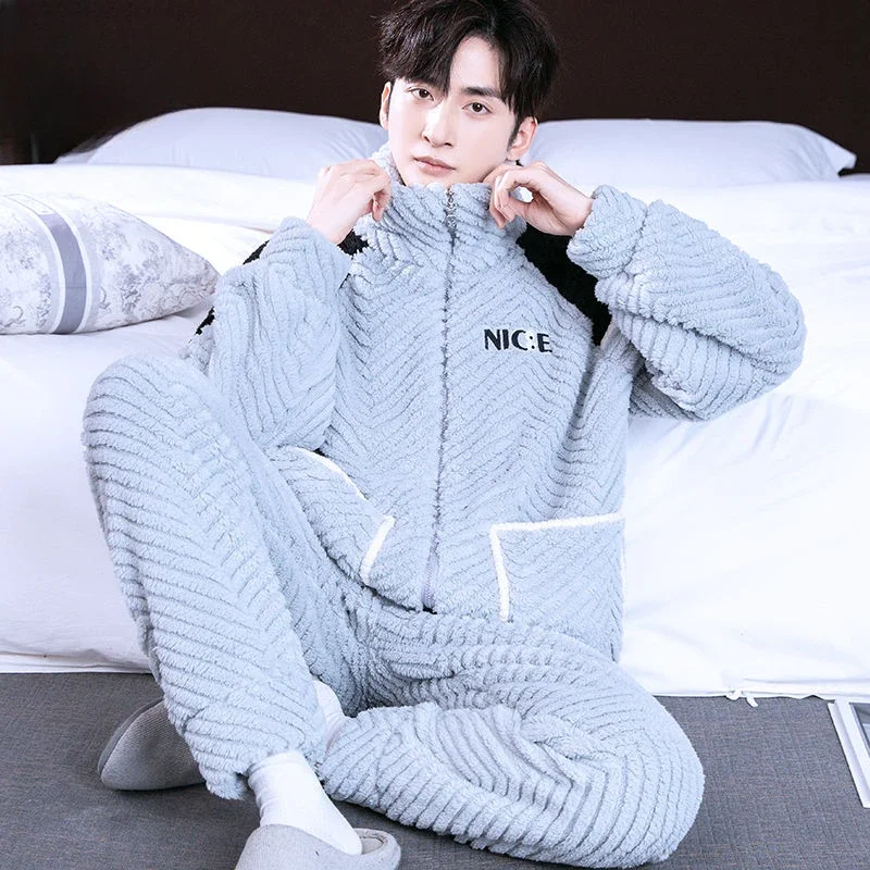 Male Winter Pajamas Coral Fleece Thickened Fleece-lined Teenagers Zipper Homewear Suit Men Stand Collar Warm Nightclothes Sets