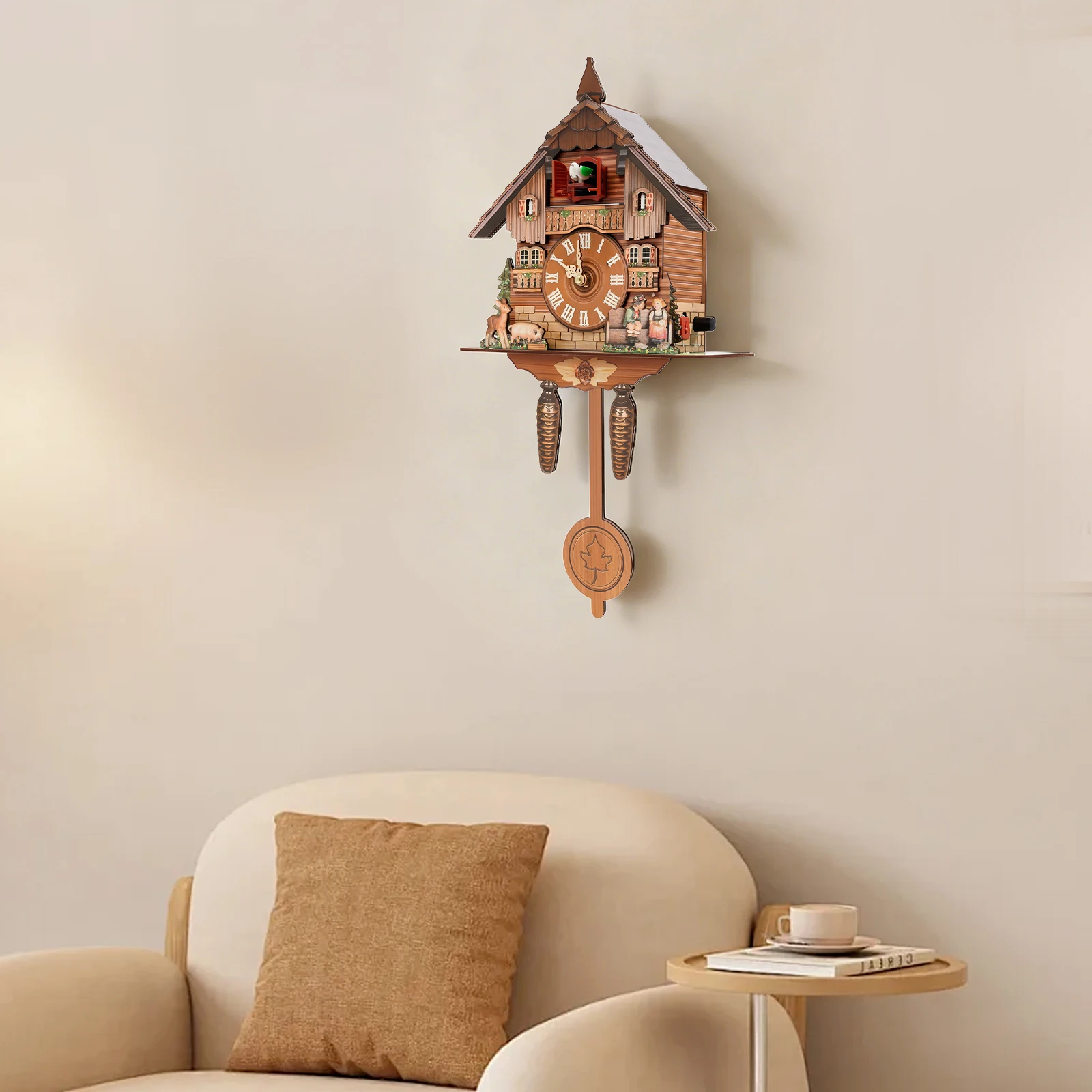 Wooden Cuckoo Wall Clock, Battery Operated Clock with Hourly Bird Sound & Adjustable Volume, 9.8x19.7in for Kitchen Hallway