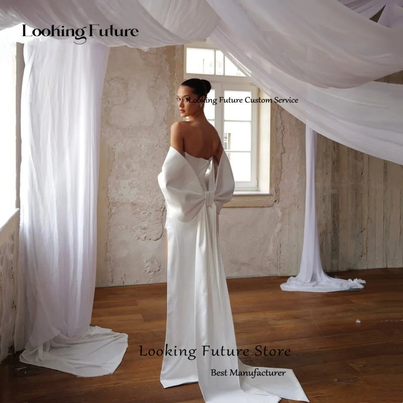 Elegant Mermaid Lace Satin Wedding Dresses Sexy Off Shoulder High Slit Pleat Bow Simple Strapless Backless Long Train Customized