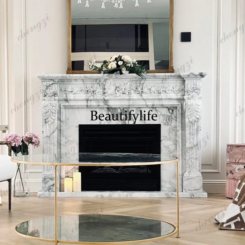 02A Marble fireplace French natural white fireplace living room simple fireplace decorative cabinet
