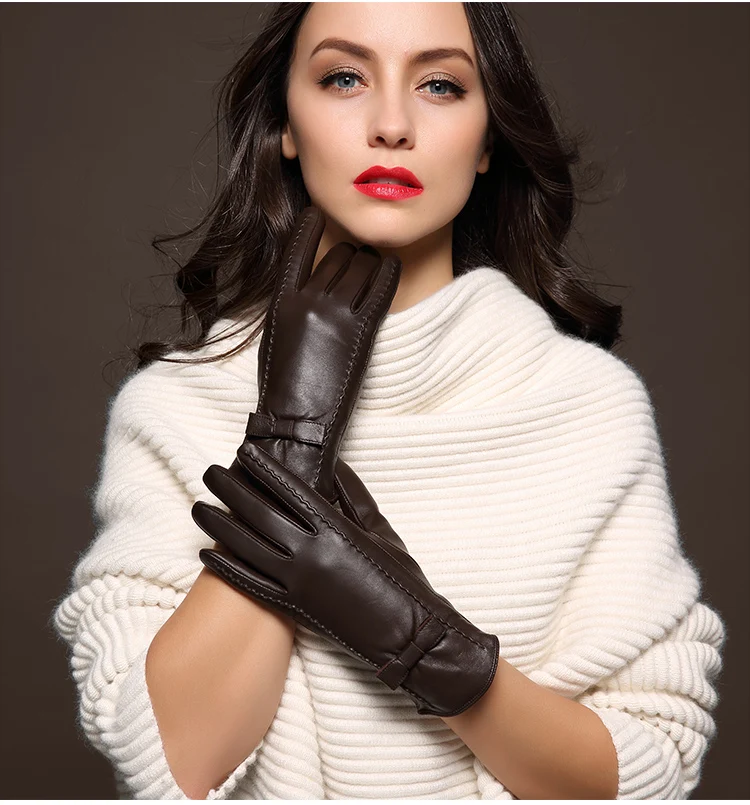 100% High Quality Real Leather Gloves Touch Screen Gloves Women Sheepskin Gloves Thicken Warm Brown Lady Warm Fleece Mittens
