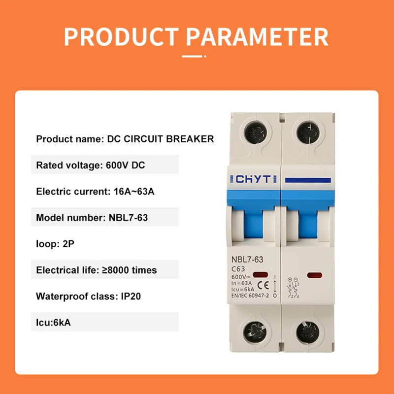 XIONGISOLAR NBL7-63 2P PV Din Rail DC 1000V 25A 32A 63A 6kA Solar Switch Mini Circuit Breaker MCB For Photovoltaic