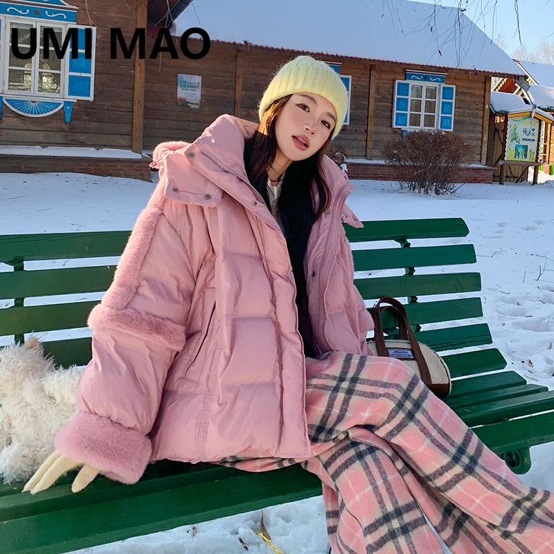 UMI MAO Winter Jacket Women's Korean Edition Hooded Splicing Loose 90 White Duck Down Down Jacket Femme Casacos Feminino Y2K