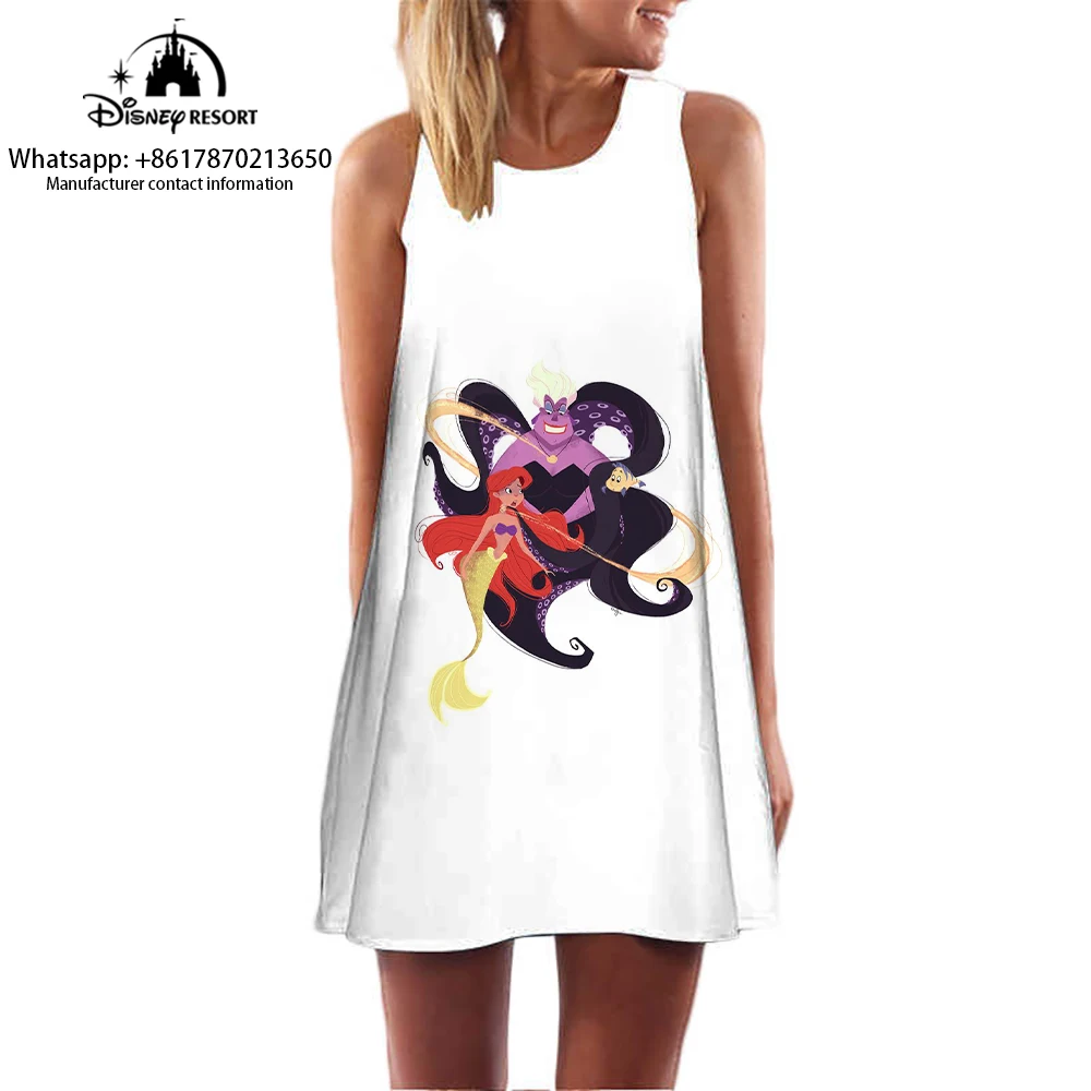 Mermaid Princess Cartoon Print Sleeveless Dress New Casual Sleeveless Dress Women's Round Neck Printed Dress Kawaii Fashion Dres