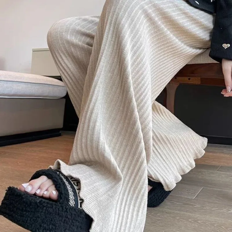 سميكة معلقة عالية الخصر لوتس ليف بنطال ذو قصة أرجل واسعة للنساء عادية متوهج السراويل الخريف الشتاء جديد محبوك السراويل للنساء