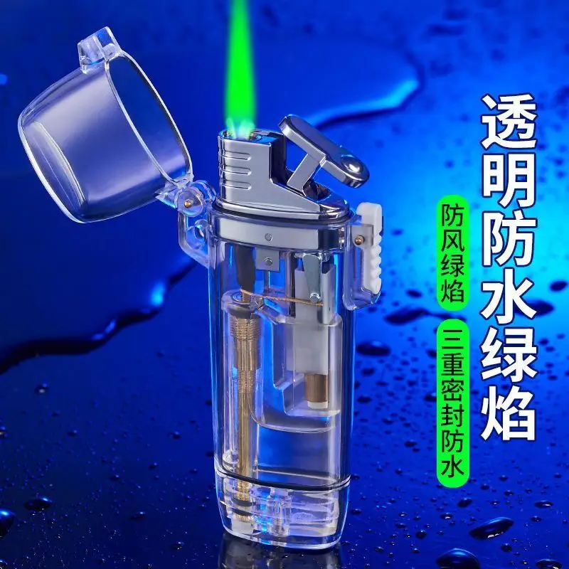 

transparent, waterproof, small and convenient, green flame, windproof lighter, creative and cool gift for boyfriend.