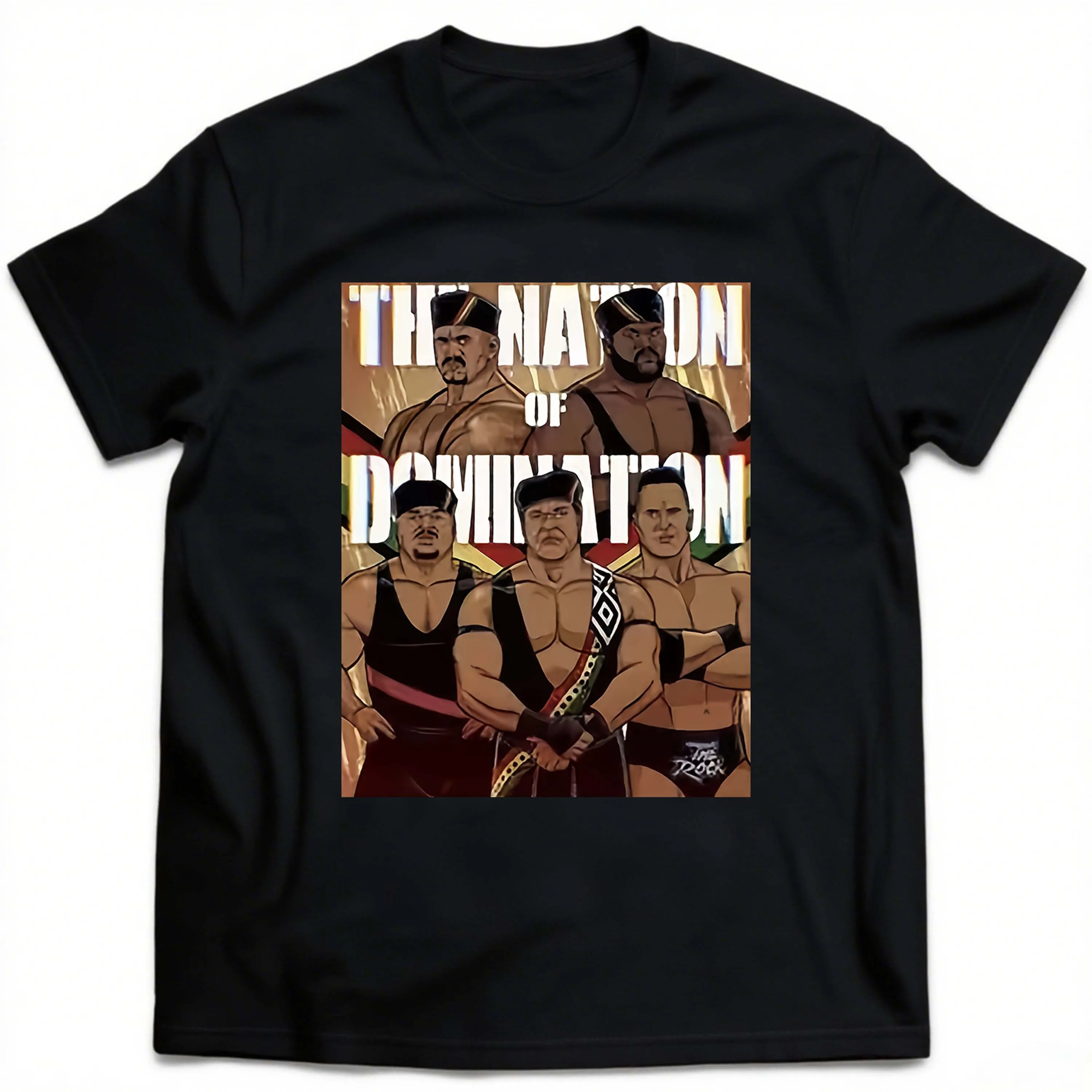 Plus Size Black Men's T-Shirt with Wrestling Theme“Nation of Domination” Pattern Suitable for Outdoor Leisure Wear in Summer