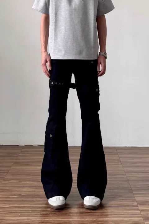 أشرطة فيبي سوداء صيفية وجينز عمل واسع للرجال بنطال ذو جرس نحيف أمريكي عالي الشارع #6