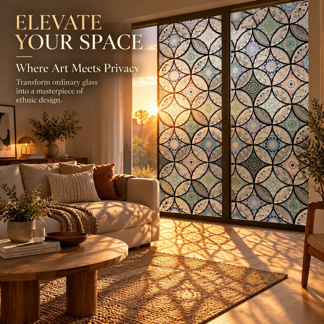 Two Way Privacy Window Film Mandala Boho 100% Privacy Day and Night Static Cling for Bathroom Shower Glass Door Home