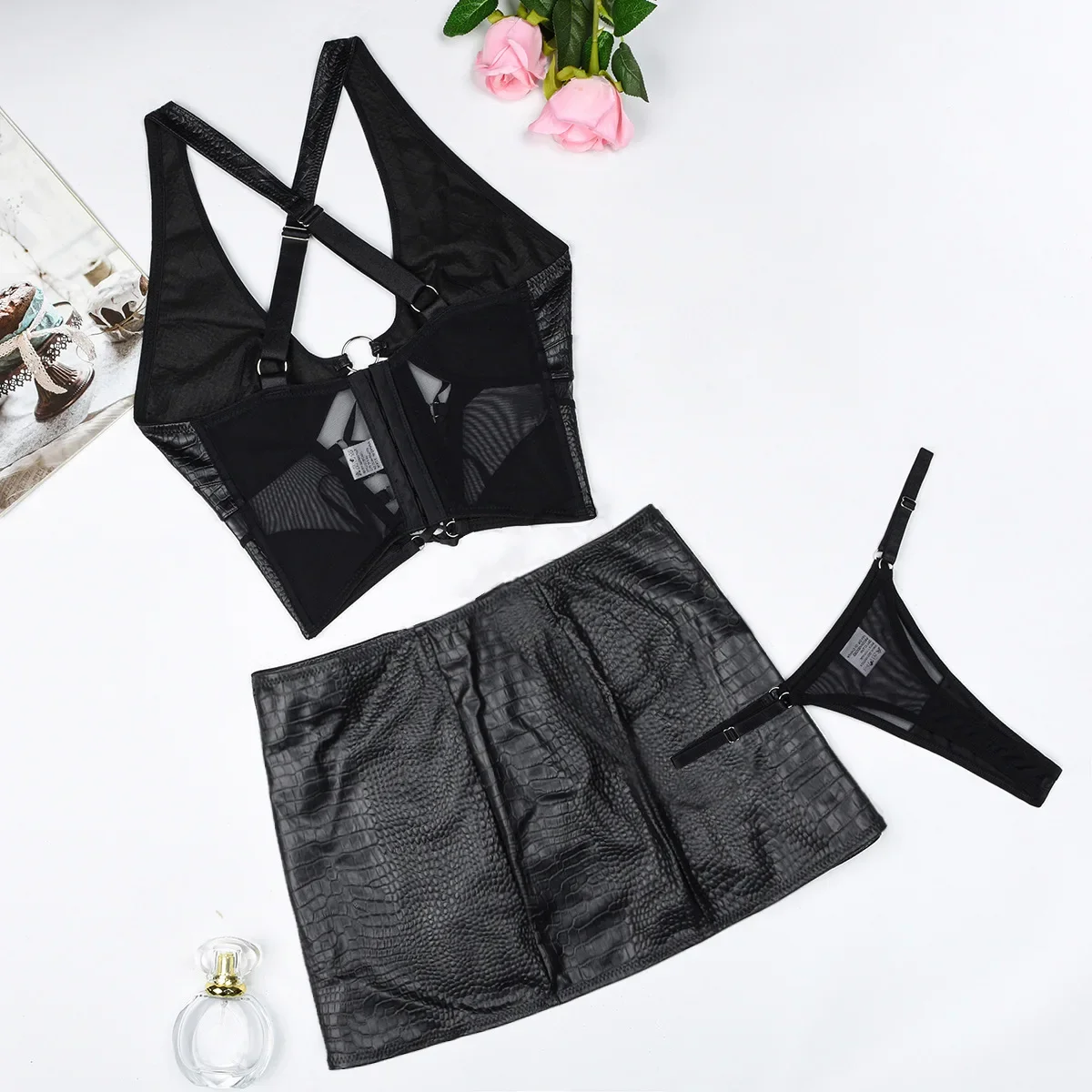 Hot-selling new high-quality leather cloth mesh yarn sexy straps cross-hanging neck sexy underwear set sexy lingerie  body suit