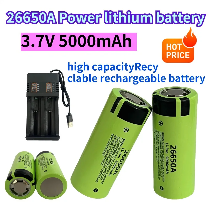 Batterie rechargeable lithium-ion 5000mAh 26650, 3.7V, 50a, pour lampe de poche LED 26650A + chargeur