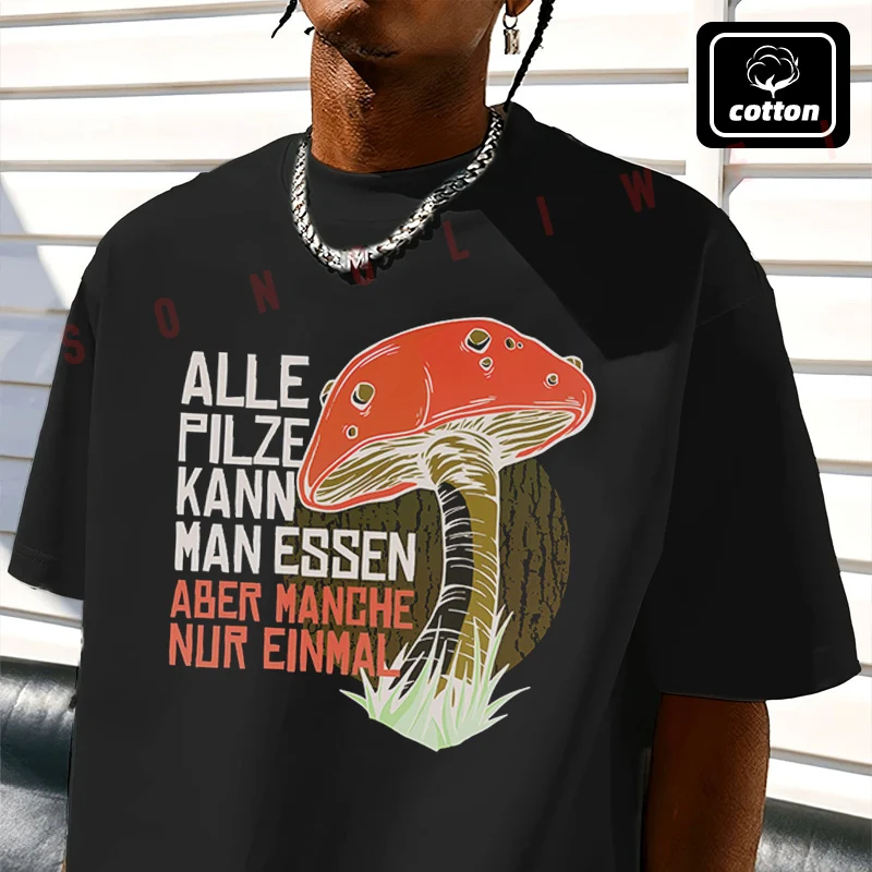 

Mushroom With A Spell Design Moto T-Shirt Men's Black Cotton TShirt New Summer Casual O-neck Short Sleeve Tees