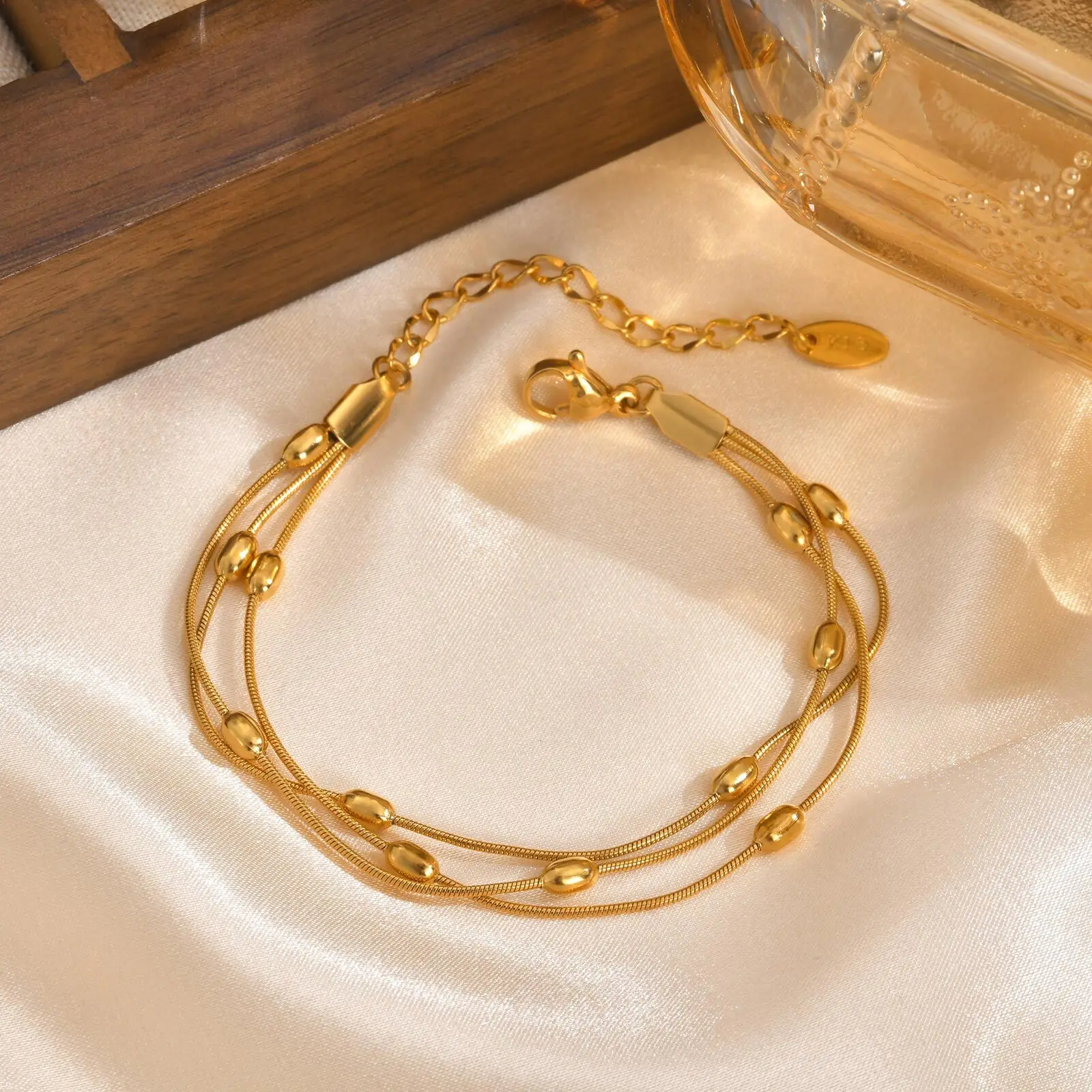Multilayer Round Beaded Snake Chain Bracelets, Gold Plated Waterproof Adjustable Stainless Steel Link Women Jewelry
