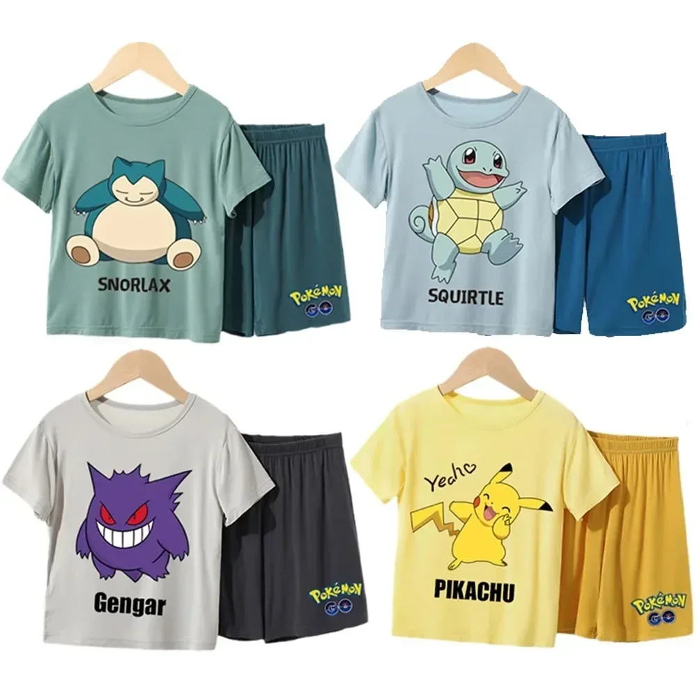 

Pokemon Charizard Snorlax Charmander Gengar Pikachu Parent-child Home Clothes Set Modal Kids Thin Short Sleeve Casual Pajamas