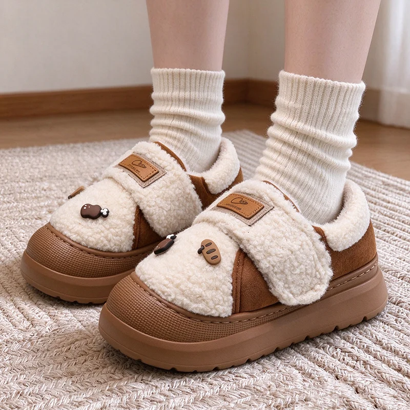 Warm Lambswool Thick Bottom Cotton Shoes Women Winter 2026 Lovely Cartoon Decorat Fleece Snow Boots Women Plush Outdoor Slippers