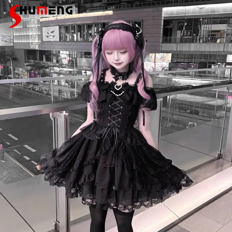 

Original New Japanese Style Mine Series Mass-produced Black Off-the-shoulder Lace Dresses Sweet Slimming Summer Strap Dress Girl