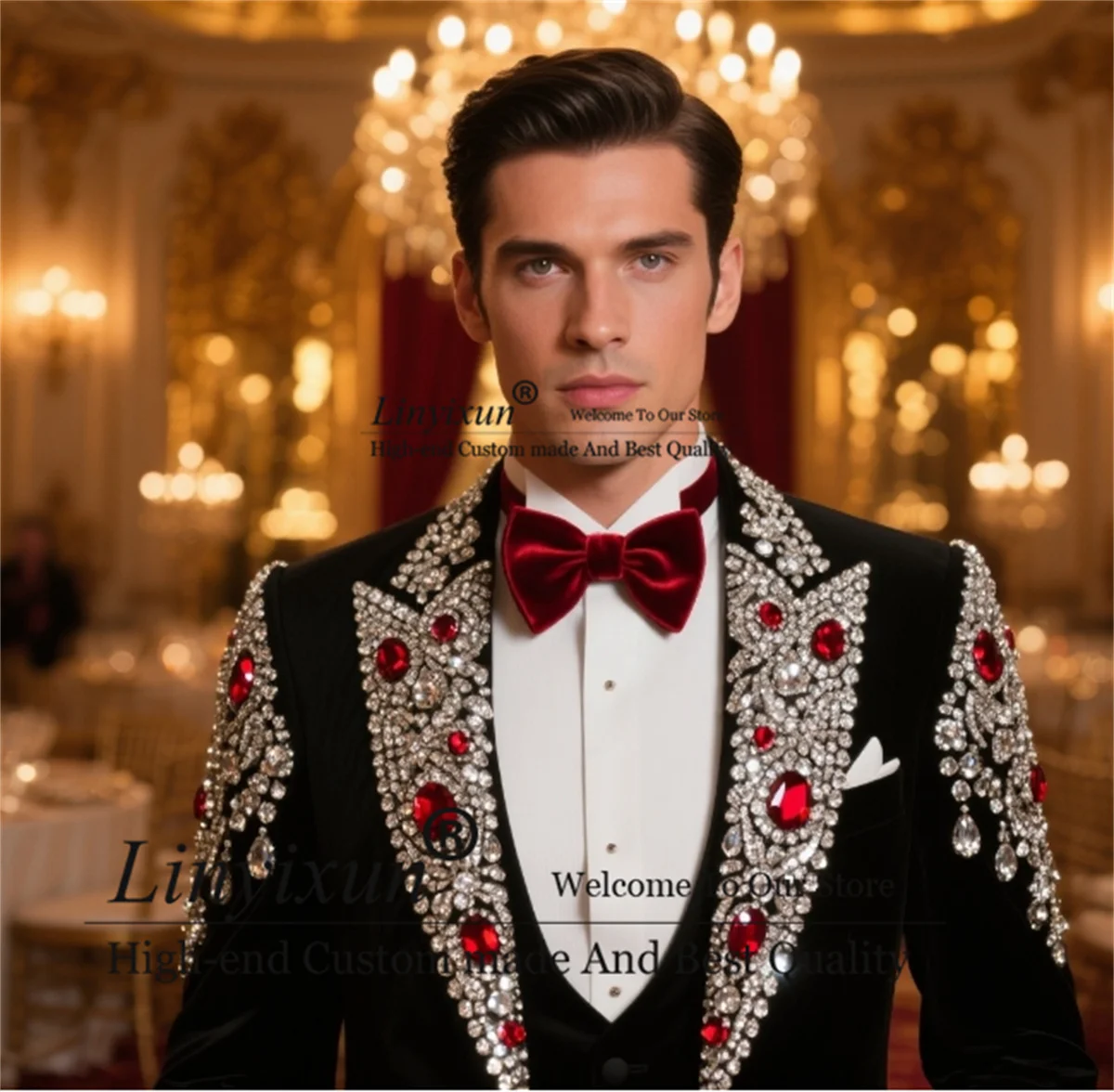 

Sparkly Beaded Crystals Men Suits 3 Pieces Sets Wedding Groom Tuxedos Customized Male Party Prom Blazers High End Costume Homme