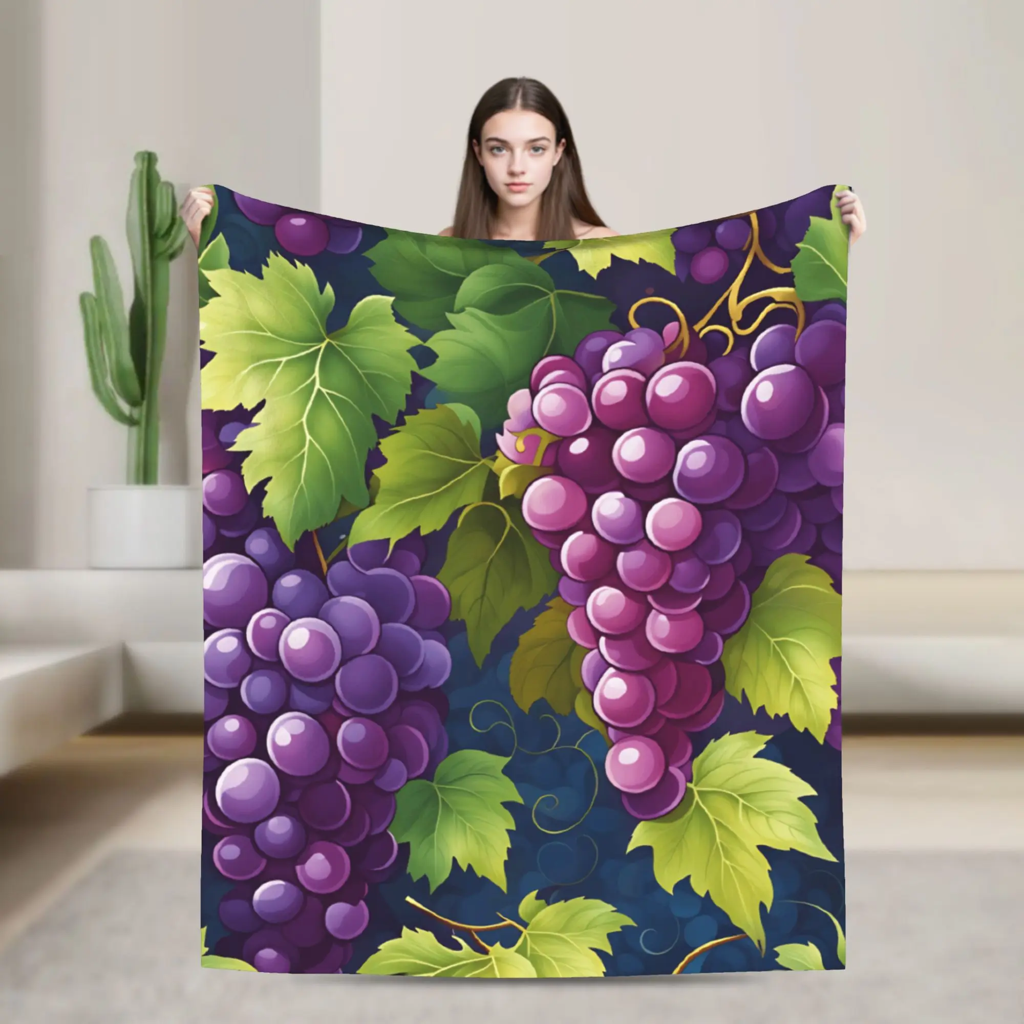 Warm Cozy Throw Blanket Picnic Grape Seamless Pattern Dark Blue Background Blanket  Flannel For Home Decor Funny Sofa Bed Cover
