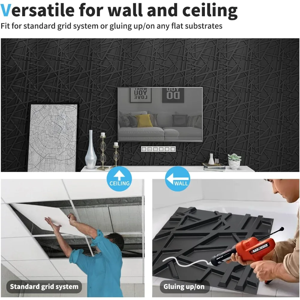 19.7 × 19.7 (عبوة من 12 قطعة) خطوط لوحة الحائط، أسود