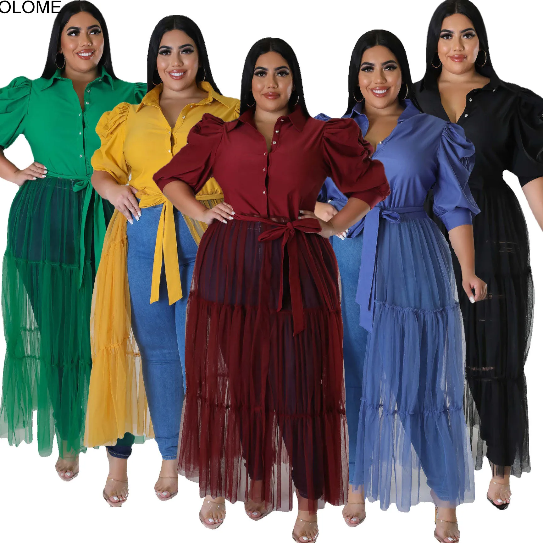 Hot Sale Plus Size Mesh Women Casual Dress Pleats Half Sleeves Patchwork Belt Sexy Party Club Shirt Dresses Oversize 5XL