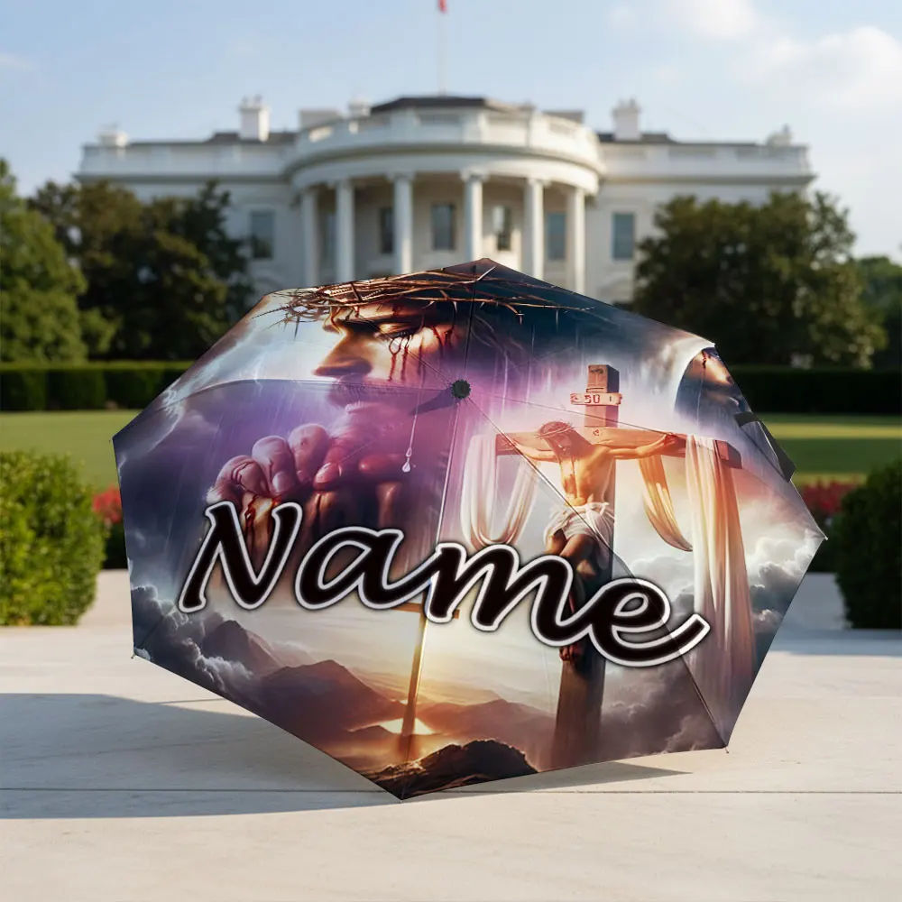 Custom Name Umbrella Religious Jesus Christ Cross Dark Stormy Sky Print Folding Umbrella,Portable Travel Parasol For Faith gift