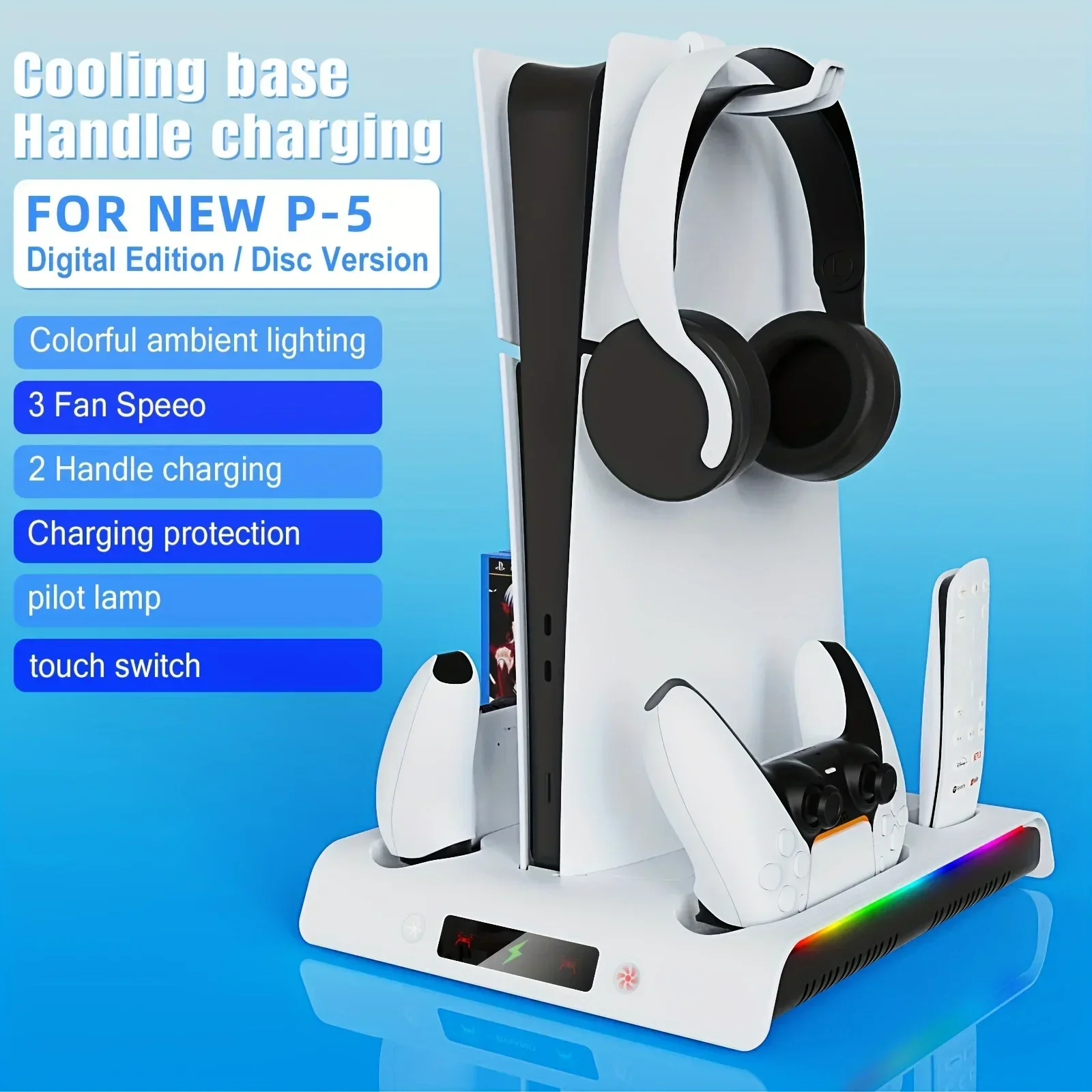 B-M YZC-501 RGB for PS5/Slim Cooling fan Stand Dual Controller Charger Station US Plug Headset Holder for Playstation5 Console