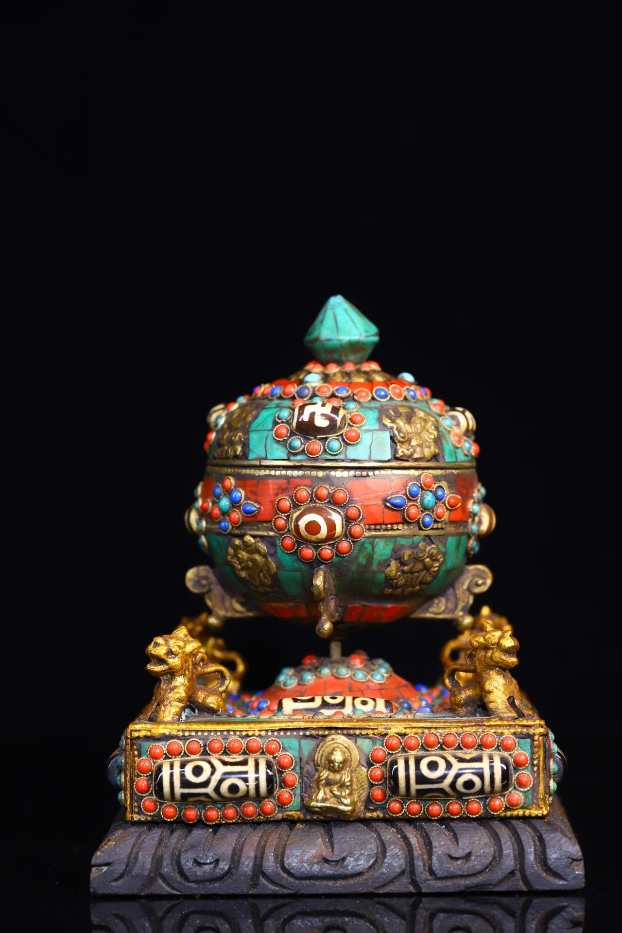 

7"Tibetan Temple Collection Old Bronze Painted Gem Eight Treasures four sides Lion Prayer Wheel Old Scriptures Dharma Town house