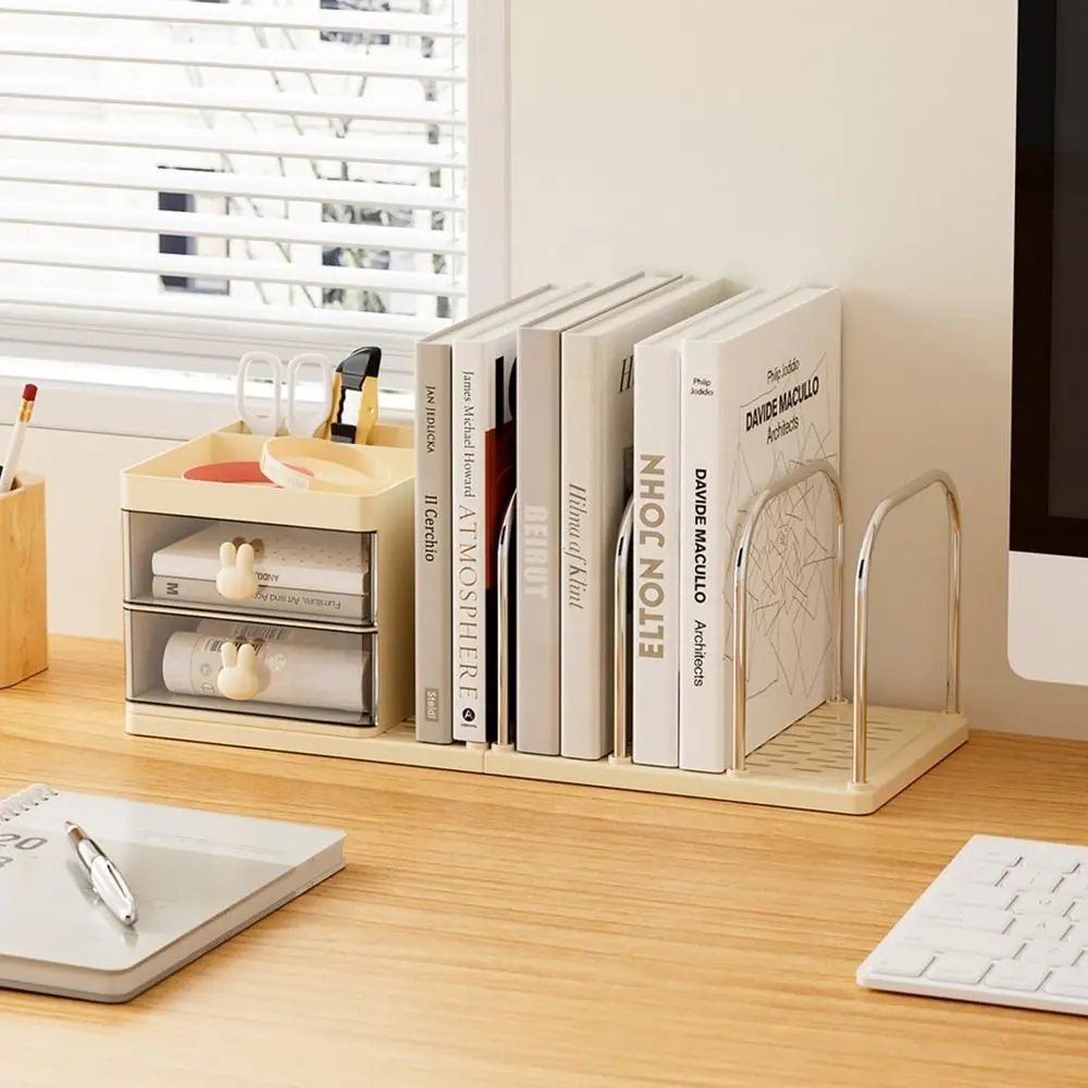 Six Grids Bookend Book Holder with Storage Box Save Space Desk Stand Bookshelf Durable Practical Books Storage Rack