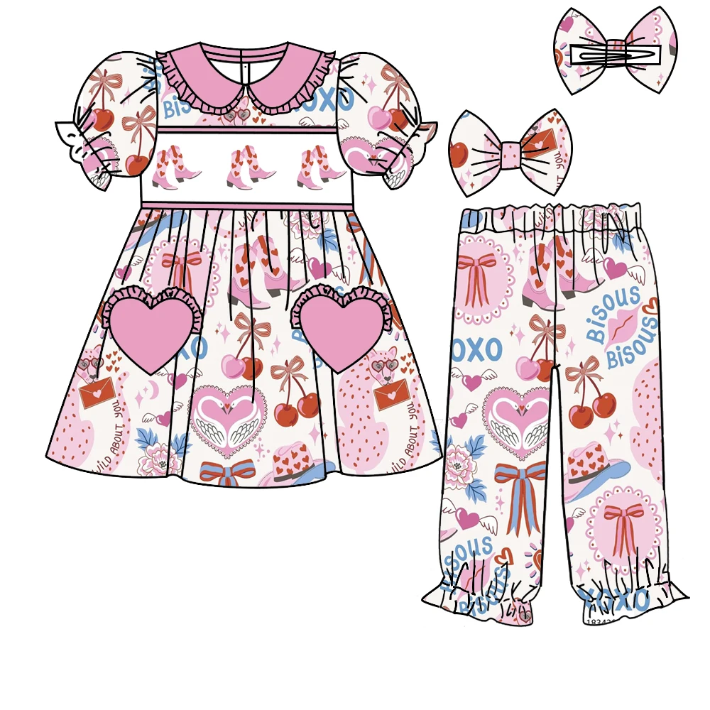 Toddler Girl Fashion Print Outfit Red Lips-Heart Pattern Set Boutique Girls Strawberry Cherry Bow Clothes Pajamas