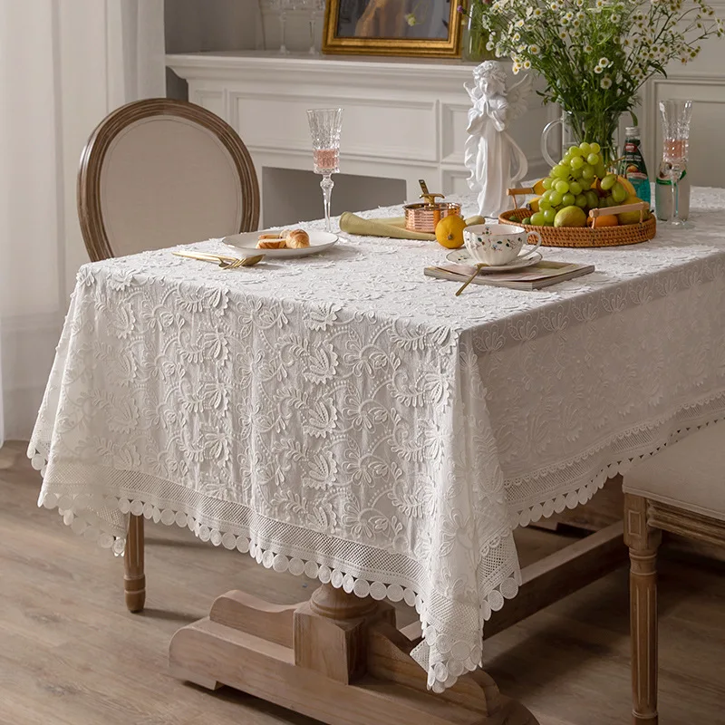 Luxury Embroider White Lace Tablecloth for Wedding Party Living Room Bedroom Table Cloth American Table Decoration