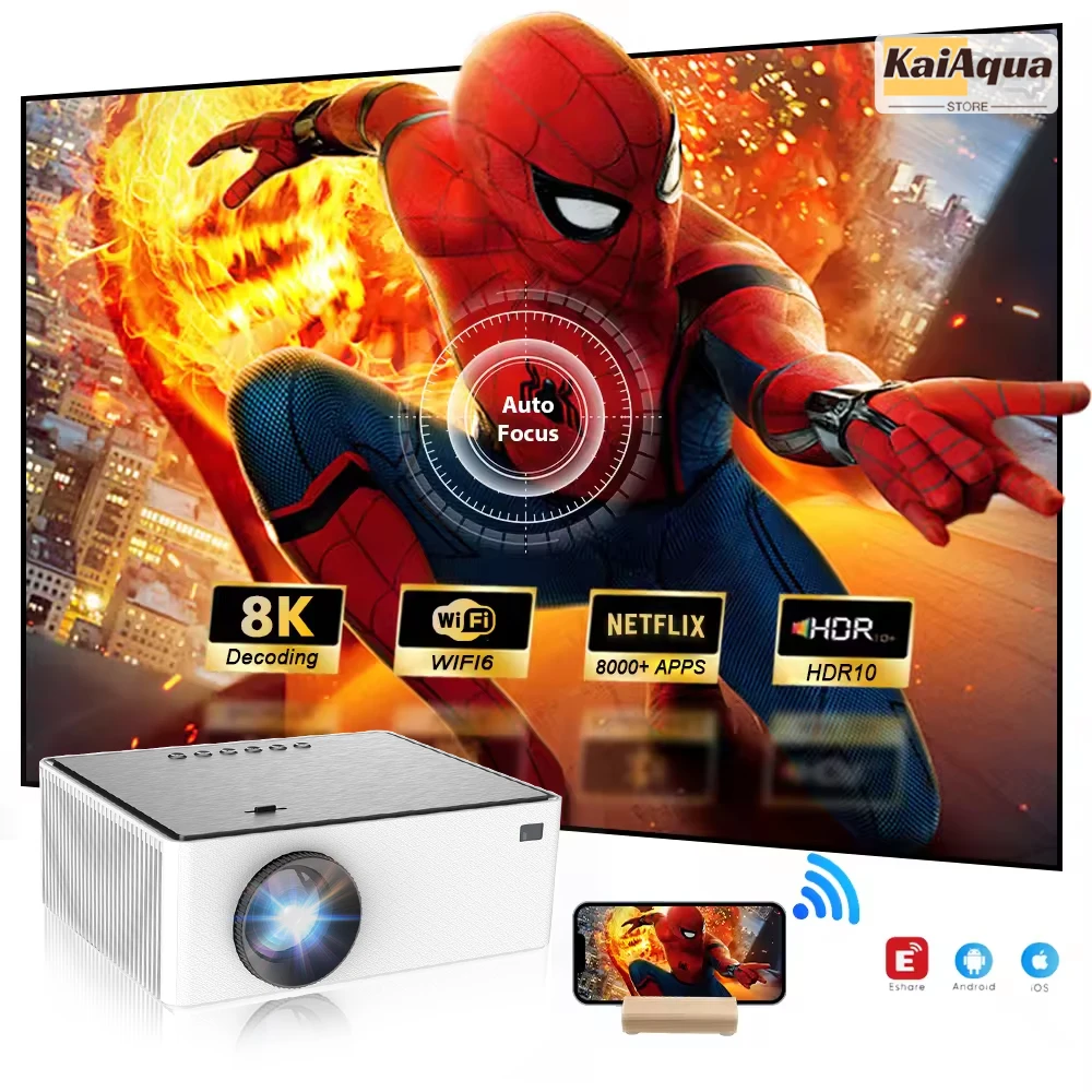 

KaiAqua 250Ansi Lumens Android 4K LED Projector Full HD 1080P Video 8K Home Theater Auto Keystone 5G WiFi Portable Proyector