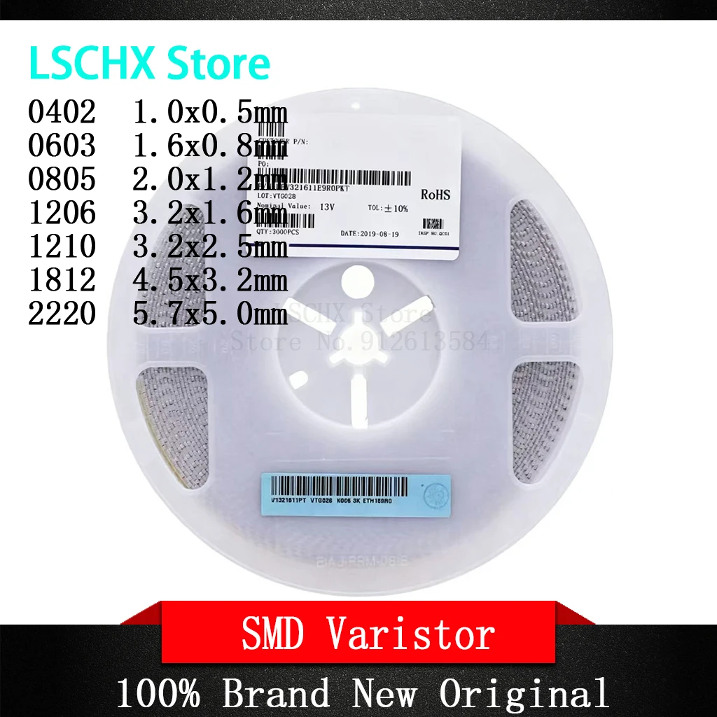 1Roll  SMD Varistors: 0603, 0805, 1206, 1210, 1812, 2220, 8V, 12V, 16V, 18V, 22V, 24V, 26V, 30V, 33, 39, 47V