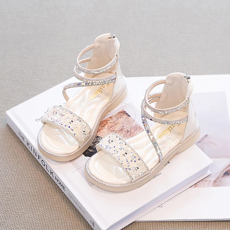 Sparkly Sequins Strappy Leather Sandals for Girls 2026 New Summer Toddler High-top Beach Shoes Non-slip Trendy Princess Party