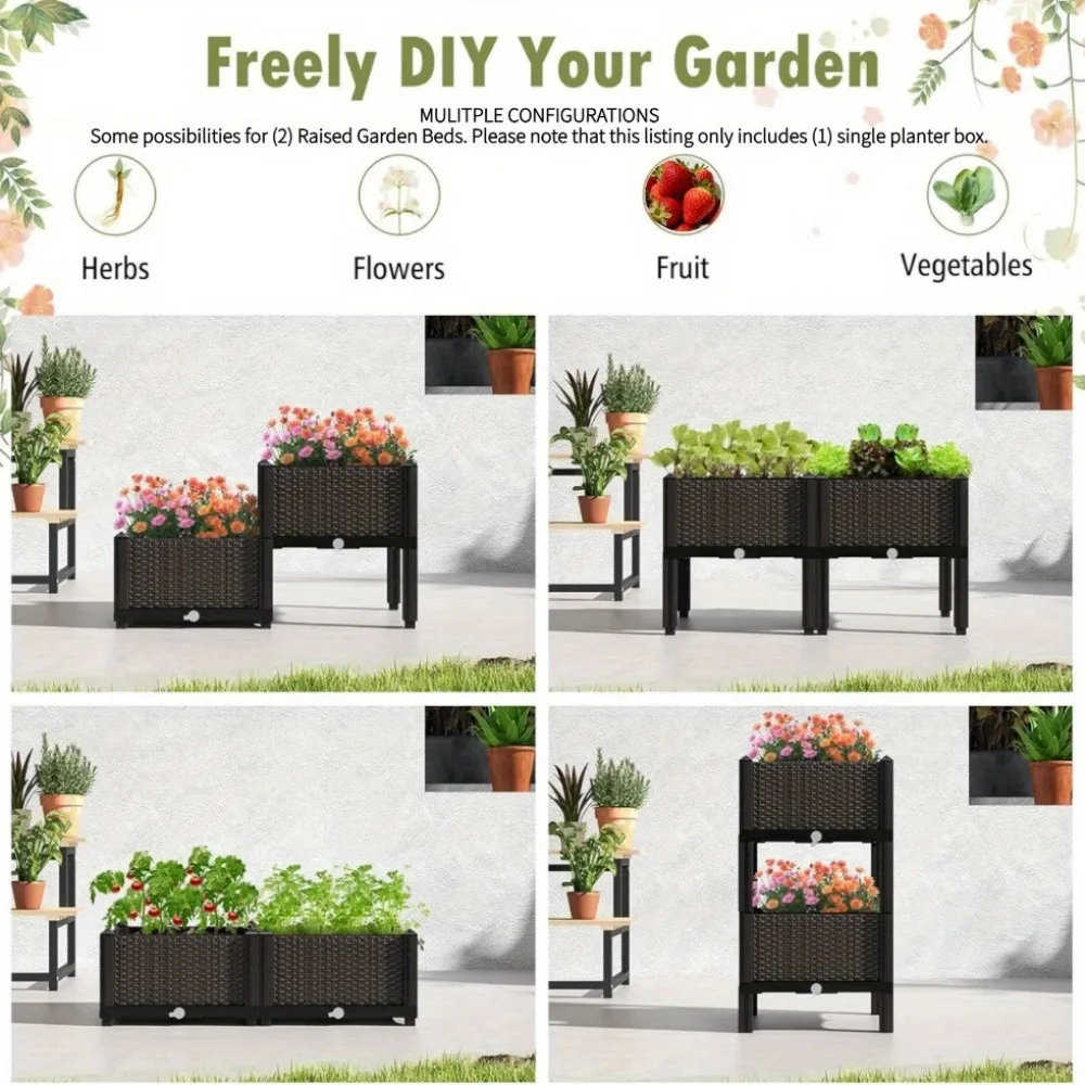 Garden Raised Bed, Elevated Flower Plant Box with Self-Watering Device and Drainage Holes, Herb Vegetable Planter Container for Yard, Balcony & Patio (2 Sets, Brown) view 3