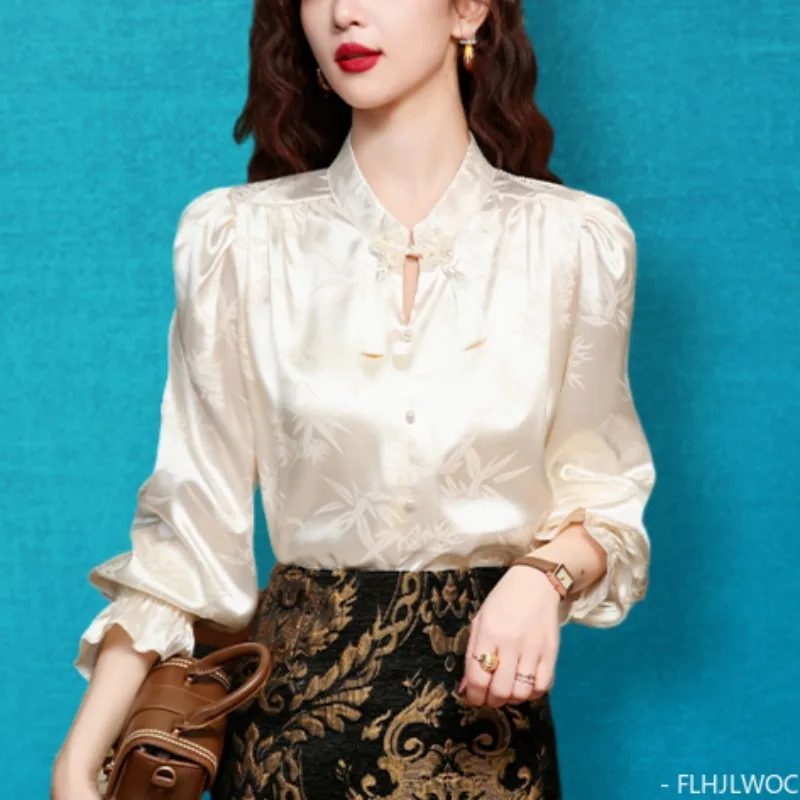 Hot Chinese Style Chi-pao Collar Design Button Tops 2024 Summer Flare Sleeve Women Date Girls Elegant Retro Shirt Blouse Vintage