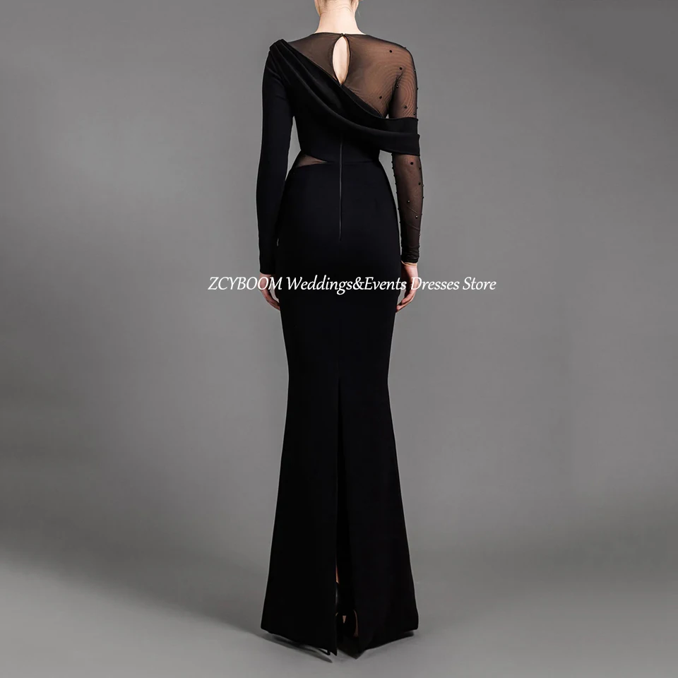 Customized Black Rhinestone Long Sleeves Evening Dress 2024 Mermaid Floor Length Velvet Zipper Custom Made Prom Dress For Women