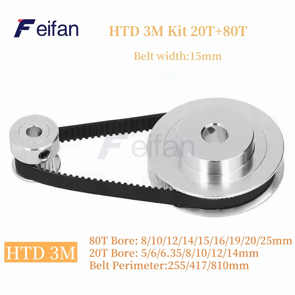 

80T 20T HTD 3M Pulley Set For 4:1 Belt Width 15mm Belt Pulleys 3M Synchronous Wheels Kit HTD3M Timing Pulley Set 20Teeth 80Teeth