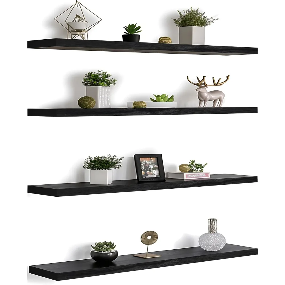 

48 Inch Wood Floating Shelves for Wall, Wooden Wall Shelf for Bedroom, Set of 4 Black Floating decorative Shelves